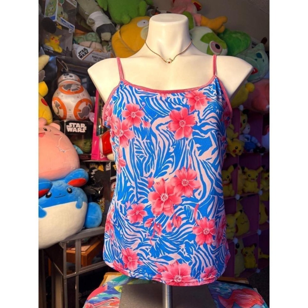 Y2K Tropical Floral Zebra Print Camisole Top Blue Pink Spaghetti Strap #5